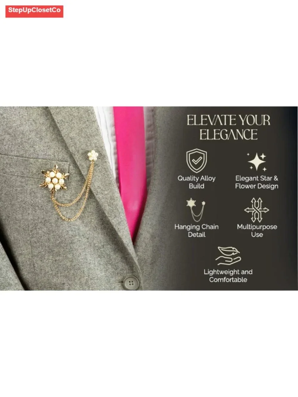Alloy Brooch Chain Pearl Star Flower Lapel Pin Coat Wedding Accessory